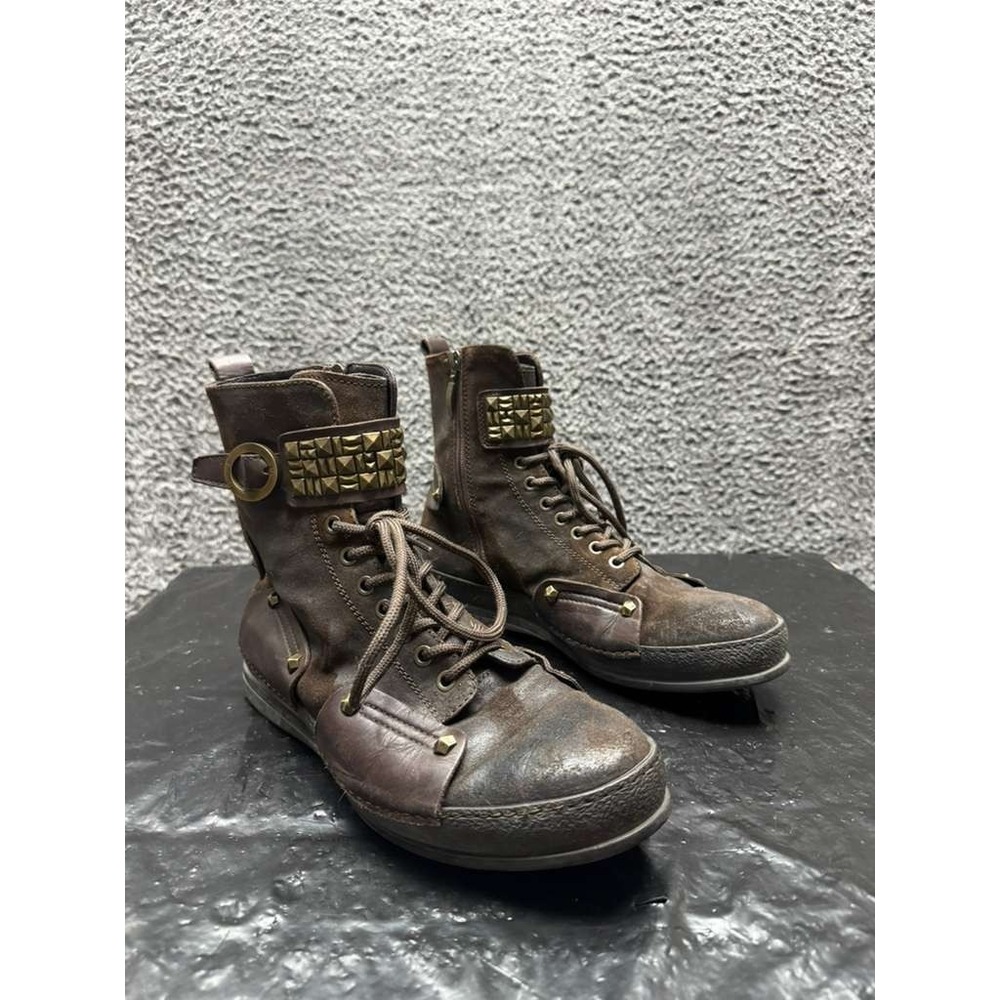 Cesare Paciotti Studded Leather Lace-Up Side-Zip Boots Brown Mens Size 8.5‎ US